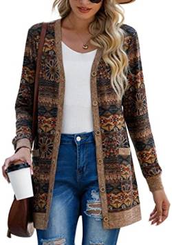 GRECERELLE Damen Leichte Strickjacke Lang mit Taschen und Knöpfen Long Elegant Cardigan V-Ausschnitt Knopfleiste mit Taschen für Damen (17 Rundblume Braun, XXL) von GRECERELLE