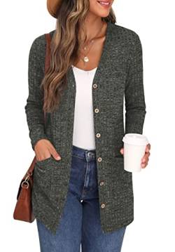 GRECERELLE Damen Leichte Strickjacke Lang mit Taschen und Knöpfen Long Elegant Cardigan V-Ausschnitt Knopfleiste mit Taschen für Damen (Armeegrün, L) von GRECERELLE