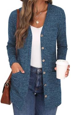 GRECERELLE Damen Leichte Strickjacke Lang mit Taschen und Knöpfen Long Elegant Cardigan V-Ausschnitt Knopfleiste mit Taschen für Damen (Blau, M) von GRECERELLE