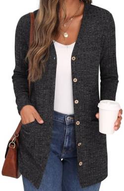 GRECERELLE Damen Leichte Strickjacke Lang mit Taschen und Knöpfen Long Elegant Cardigan V-Ausschnitt Knopfleiste mit Taschen für Damen (Dunkelgrau, L) von GRECERELLE