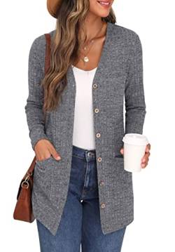 GRECERELLE Damen Leichte Strickjacke Lang mit Taschen und Knöpfen Long Elegant Cardigan V-Ausschnitt Knopfleiste mit Taschen für Damen (Dunkelgrau, XXL) von GRECERELLE