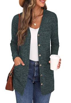 GRECERELLE Damen Leichte Strickjacke Lang mit Taschen und Knöpfen Long Elegant Cardigan V-Ausschnitt Knopfleiste mit Taschen für Damen (Dunkelgrün, L) von GRECERELLE