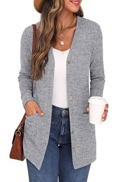 GRECERELLE Damen Leichte Strickjacke Lang mit Taschen und Knöpfen Long Elegant Cardigan V-Ausschnitt Knopfleiste mit Taschen für Damen (Grau, M) von GRECERELLE