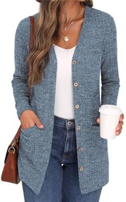 GRECERELLE Damen Leichte Strickjacke Lang mit Taschen und Knöpfen Long Elegant Cardigan V-Ausschnitt Knopfleiste mit Taschen für Damen (Hellblau, S) von GRECERELLE