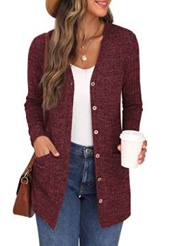 GRECERELLE Damen Leichte Strickjacke Lang mit Taschen und Knöpfen Long Elegant Cardigan V-Ausschnitt Knopfleiste mit Taschen für Damen (Weinrot, L) von GRECERELLE