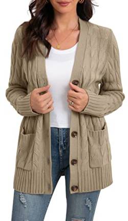 GRECERELLE Damen Pullover Dicke Strickjacke mit Langen Ärmeln, Taschen und Knöpfen (Khaki, M) von GRECERELLE