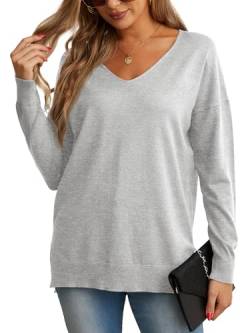 GRECERELLE Damen Pullover Sweatshirt Damen Casual Klassisch Einfarbig Pullover Strick V Ausschnitt Langarm Pullover Tops Bluse T-Shirt für Winter Herbst Frühling, 12 Grau, XXL von GRECERELLE