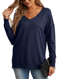 GRECERELLE Damen Pullover Sweatshirt Damen Leichter Einfarbig Pullover Strickpullover V-Ausschnitt Langarm Pullover Tops Bluse T-Shirt für Winter Herbst Frühling, 04 Marineblau, M von GRECERELLE