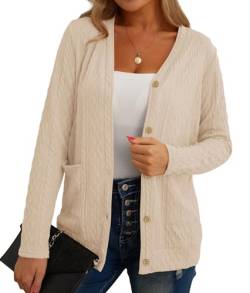 GRECERELLE Strickjacke Damen Cardigan Damen Elegant Gedrehte Strickjacke für den Herbst mit Knöpfen, V-Ausschnitt und praktischen Taschen, Dünne und Stilvoll (Aprikose, M) von GRECERELLE