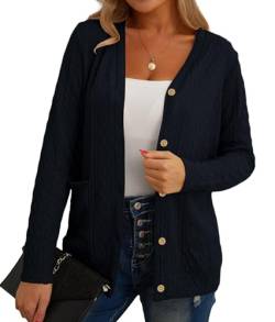 GRECERELLE Strickjacke Damen Cardigan Damen Elegant Gedrehte Strickjacke für den Herbst mit Knöpfen, V-Ausschnitt und praktischen Taschen, Dünne und Stilvoll (Marineblau, L) von GRECERELLE