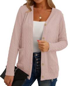 GRECERELLE Strickjacke Damen Cardigan Damen Elegant Gedrehte Strickjacke für den Herbst mit Knöpfen, V-Ausschnitt und praktischen Taschen, Dünne und Stilvoll (Rosa, L) von GRECERELLE