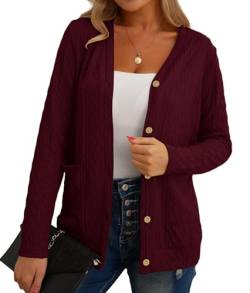 GRECERELLE Strickjacke Damen Cardigan Damen Elegant Gedrehte Strickjacke für den Herbst mit Knöpfen, V-Ausschnitt und praktischen Taschen, Dünne und Stilvoll (Weinrot, M) von GRECERELLE