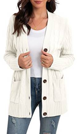 GRECERELLE Strickjacke Lang - Langer Damen Cardigan mit Langen Ärmeln, Taschen und Knöpfen (Weiß, XL) von GRECERELLE