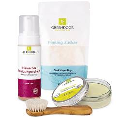 GREENDOOR Anti-Pickel-Set Exclusive, Anti Pickel Balsam + basischer Reinigungsschaum + Gesichtspeeling + weiche Premium Gesichtsbürste Olivenholz, Naturkosmetik natürlich ohne Tierversuche von GREENDOOR