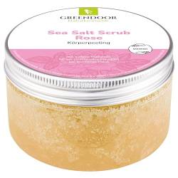 GREENDOOR Körperpeeling Meersalz Rose, natürliches Peeling ohne Mikroplastik für Damen, 280g Duschpeeling ohne Konservierungsmittel, mit straffendem Mandelöl, Body Scrub, Naturkosmetik Sauna-Salz von GREENDOOR