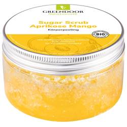 GREENDOOR Körperpeeling Sugar Scrub Aprikose Mango mit Provitamin A 230g, sanftes Zucker-Peeling ohne Farbstoffe Mikroplastik, Duschpeeling aus der Naturkosmetik Manufaktur, Body Scrub, Sauna-Zucker von GREENDOOR