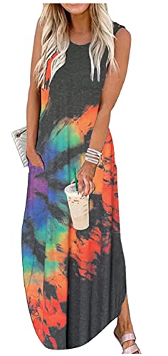 Good Vibes Regenbogen-Grafikkleid für Damen, ärmellos, mit Tasche, Maxikleid für Sommer, Hawaii, Strand, Tankkleid, einfarbig, Hemdkleid, Krawattenfarbe Grau, Groß von GREFLYING