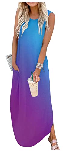 Rainbow Graphics Sommerkleid für Damen, ärmellos, Tasche, Maxikleid, Sommer, hawaiianischer Strand, Tankkleid, einfarbiges Hemdkleid, Farbverlauf Blau Lila 3, Groß von GREFLYING