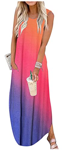 Rainbow Graphics Sommerkleid für Damen, ärmellos, Tasche, Maxikleid, Sommer, hawaiianischer Strand, Tankkleid, einfarbiges Hemdkleid, Orange Blau, Mittel von GREFLYING