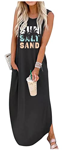 Rainbow Graphics Sommerkleid für Damen, ärmellos, Tasche, Maxikleid, Sommer, hawaiianischer Strand, Tankkleid, einfarbiges Hemdkleid, Schwarz, Groß von GREFLYING