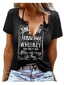 Smooth As Tennessee Whiskey Sweet As Strawberry Wine Shirt Damen Sexy V-Ausschnitt T-Shirt Country Musik Kurzarm T-Shirts, schwarz, Groß von GREFLYING