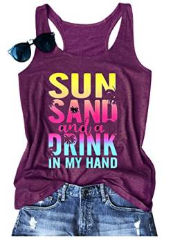 Sun Sand and and A Drink in My Hand Tank Tops Damen Sommer Strand Grafik Ärmelloses T-Shirt Niedlich Land Urlaub Tank Cami, violett, Mittel von GREFLYING