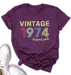 T-Shirt für Damen zum 50. Geburtstag, Originalteile von 1974, Vintage-T-Shirts, lustiges Geschenk zum 50. Geburtstag, Party-T-Shirts, Violett, Mittel von GREFLYING