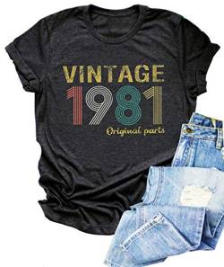Vintage 1981 T-Shirt Frauen Original Teile Brief Tees 40. Geburtstag Shirts für Geschenk Niedlich Geburtstag Party Shirt Tops - Grau - Mittel von GREFLYING