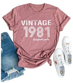 Vintage 1981 T-Shirt Frauen Original Teile Brief Tees 40. Geburtstag Shirts für Geschenk Niedlich Geburtstag Party Shirt Tops - Pink - X-Groß von GREFLYING