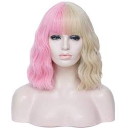 Damen Perücken Frauen Cosplay Perücke Schwarzes und Rosa Rot Orange Grün Lila Blau Zweifarbige Nähte Kurzer lockiges Ombre Zwei Ton Synthetik Beauty Ladieshair (Color : 1, Size : 14inches) von GRFIT