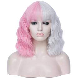 Damen Perücken Frauen Cosplay Perücke Schwarzes und Rosa Rot Orange Grün Lila Blau Zweifarbige Nähte Kurzer lockiges Ombre Zwei Ton Synthetik Beauty Ladieshair (Color : 5, Size : 14inches) von GRFIT