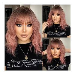 GRFIT Perücke Damen Kurze Ombre-Rosa-Bob-Perücke mit Pony, synthetische lockige Perücken mit dunklen Wurzeln for Frauen, schulterlang, Cosplay, tägliches Haar, hitzebeständig Perücken für Frauen von GRFIT