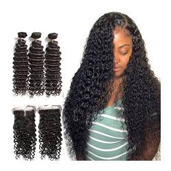 Haarverlängerung 8-34 Zoll Tiefwellenbündel mit Spitzenverschluss Brasilianische lockige menschliche Haare Wasserwelle 3 Bündel 4 "× 4" Webart Haar 130% Dichte Haarbündel | Braiding Haar (Color : 4x4 von GRFIT