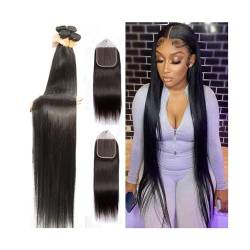 Human Hair Bundles Knochengerade Bundles mit Verschluss, Echthaar-Webart-Verlängerung, natürliche Farbe, gerade, brasilianisches Remy-Haar, Bundles mit Frontal for schwarze Frauen Haarteil Extensions von GRFIT