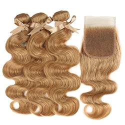 Human Hair Bundles Unverarbeitete malaysische Körperwelle 3 Bündel mit Schließung Freies Teil 10-26 Zoll Remy Human Hair-Bündel mit Verschlusswebart Haarverlängerungen human hair weave (Size : Free P von GRFIT