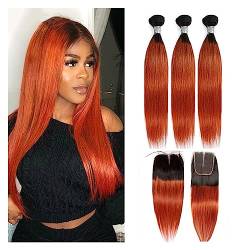 Menschenhaarverlängerungen Orange gerade Echthaar-Bündel, 4x4-Spitzenverschluss mit Bündeln, brasilianische Ombre-Haarwebart, burgunderrote Bündel mit Verschluss, Remy-Echthaar for Frauen Haarverlänge von GRFIT