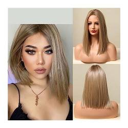 Perücke Damen Braune blonde Lace-Front-Perücken, kurze, gerade Bob-Perücke, synthetische Lace-Frontal-Perücke mit Babyhaar for Frauen, stumpfer Schnitt, natürliches Alltagshaar Perücken für Frauen von GRFIT