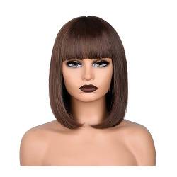 Perücke für Frauen Kurze gerade Bob-Perücke for Damen, synthetische Perücken, braun bis blond, Ombré-natürliches Kunsthaar, hitzebeständige Perücke, rosa Perücke mit Pony Human Hair Wig (Color : 1, von GRFIT