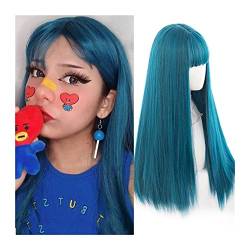 Perücken Long Blue Wig with Bangs, Synthetic Light Blue Wig for Women, Natural Looking Cosplay Straight Blue Wig with Bangs for Girl Daily Party Costume Use Haarteile von GRFIT