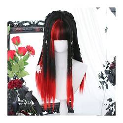 Perücken Red Black Gradient Hair Wig with Bangs Long Straight Cosplay Hair Wig, Natural Heat Resistant Synthetic Wig Party Halloween Use Spitzeperücke von GRFIT