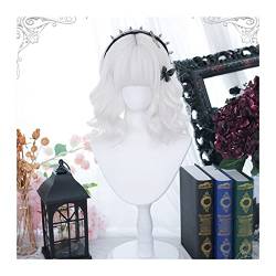 Perücken Reinweiße Perücke mit Pony for Frauen Mädchen, kurze Bob-Wellen-Locken-Synthetik-Perücke, weiße lockige Bob-Lolita-Cosplay-Perücke mit Pony Haarteile von GRFIT