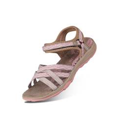 GRITION Frauen Wandern Sandalen, Damen Outdoor Sport Wasser Schuhe Sommer Flach Cross-Tied Beach Sandalen Open Toe Verstellbare klettverschluss Walking Schuhe Schwarz (EU 36, Beige/Pink) von GRITION