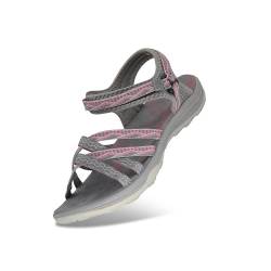 GRITION Frauen Wandern Sandalen, Damen Outdoor Sport Wasser Schuhe Sommer Flach Cross-Tied Beach Sandalen Open Toe Verstellbare klettverschluss Walking Schuhe Schwarz (EU 36, Grau/Pink) von GRITION