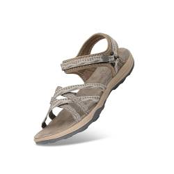 GRITION Frauen Wandern Sandalen, Damen Outdoor Sport Wasser Schuhe Sommer Flach Cross-Tied Beach Sandalen Open Toe Verstellbare klettverschluss Walking Schuhe Schwarz (EU 37, Taupe/Stein) von GRITION