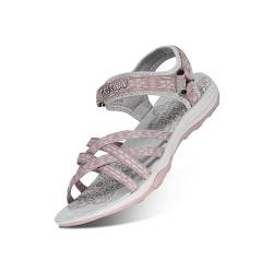 GRITION Frauen Wandernsandalen Sommer Damen Trekking Sport Wasser Sandalen Flach Cross-Tied Beach Peeptoe Verstellbare klettverschluss Walking Schuhe MEHRWEG (37 EU, Rosa) von GRITION