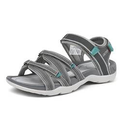 GRITION Sommer-Trekkingsandalen für Damen, verstellbare flache Wandersandalen mit Klettverschluss, bequeme offene Zehenpartie im Freien, leichte Strandschuhe, Grüngrau, 37 EU von GRITION