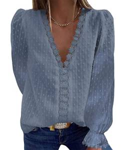 GRMLRPT Bluse Langarm Damen Elegant Chiffon Blusenshirt Hemd Spitze V-Ausschnitt Elegant Kurzarm Casual Oberteile Tops Tunika T-Shirt(Navy blau,L) von GRMLRPT