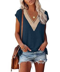 GRMLRPT Damen Ärmellos V-Ausschnitt Bluse Elegant Flügelärmeln Loose Casual T-Shirts Sommer Tops Oberteile Basic Einfarbige Tunika Lässig(Blau,S) von GRMLRPT