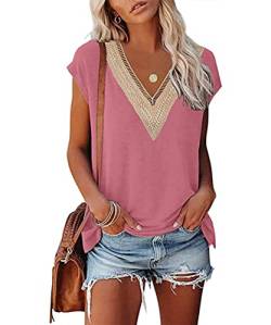 GRMLRPT Damen Ärmellos V-Ausschnitt Bluse Elegant Flügelärmeln Loose Casual T-Shirts Sommer Tops Oberteile Basic Einfarbige Tunika Lässig(rosa,S) von GRMLRPT