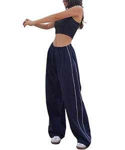 GRMLRPT Damen Cargohose Y2K Baggy High Waist Breites Bein Low Waist Aesthetic Vintage Oversized Harajuku 99er Freizeithose Streetwear Track Pants Teenager Mädchen Elastische Taille Weite(Blau,L) von GRMLRPT